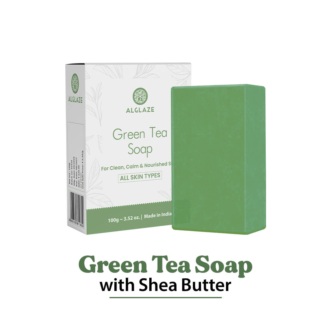Green Tea Soap with Shea Butter packaging and bar on a white background