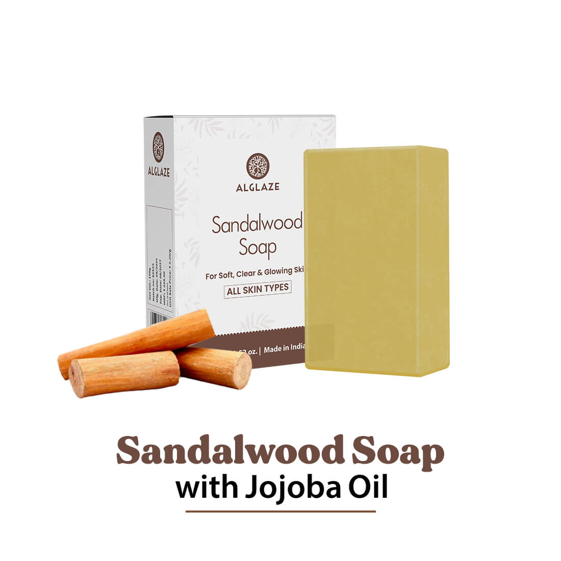 Sandalwood soap with packaging and jojoba oil sticks on a white background