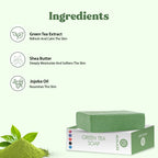 Green tea soap with ingredients listed on a white background