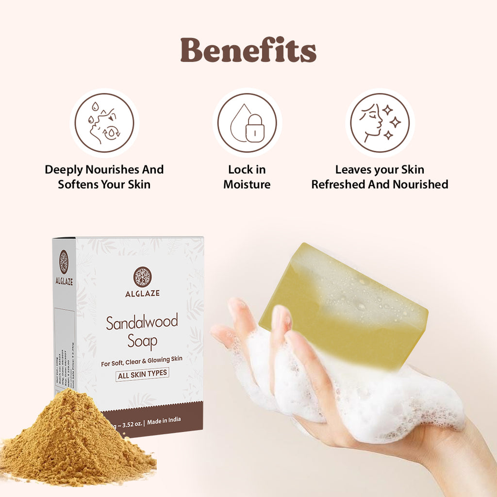 Alglaze Sandalwood Soap packaging with benefits listed on a white background