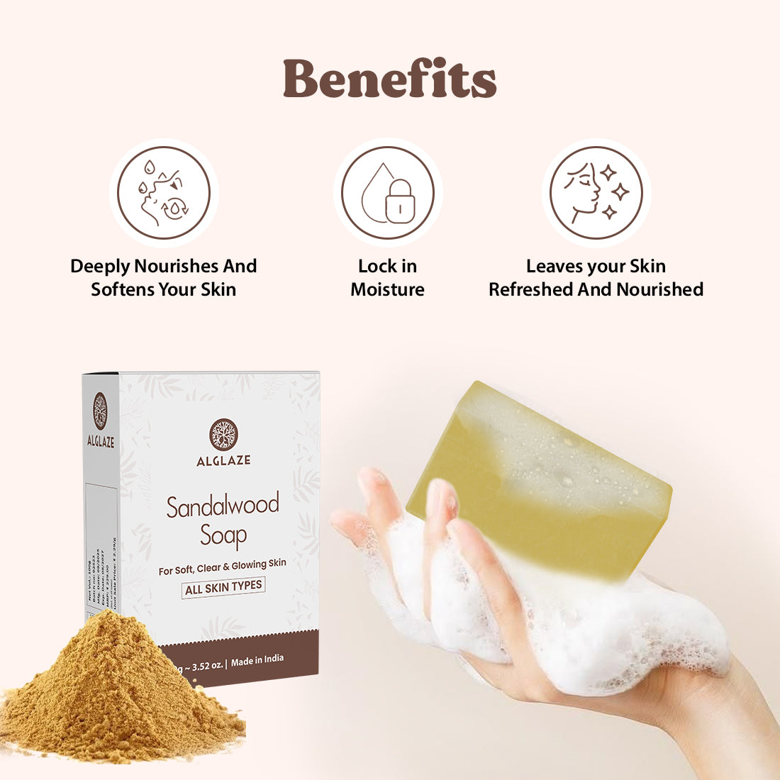 Alglaze Sandalwood Soap packaging with benefits listed on a white background
