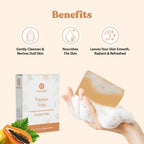 Allglaze Papaya Soap packaging with a soap bar and hand holding soap, benefits listed above.