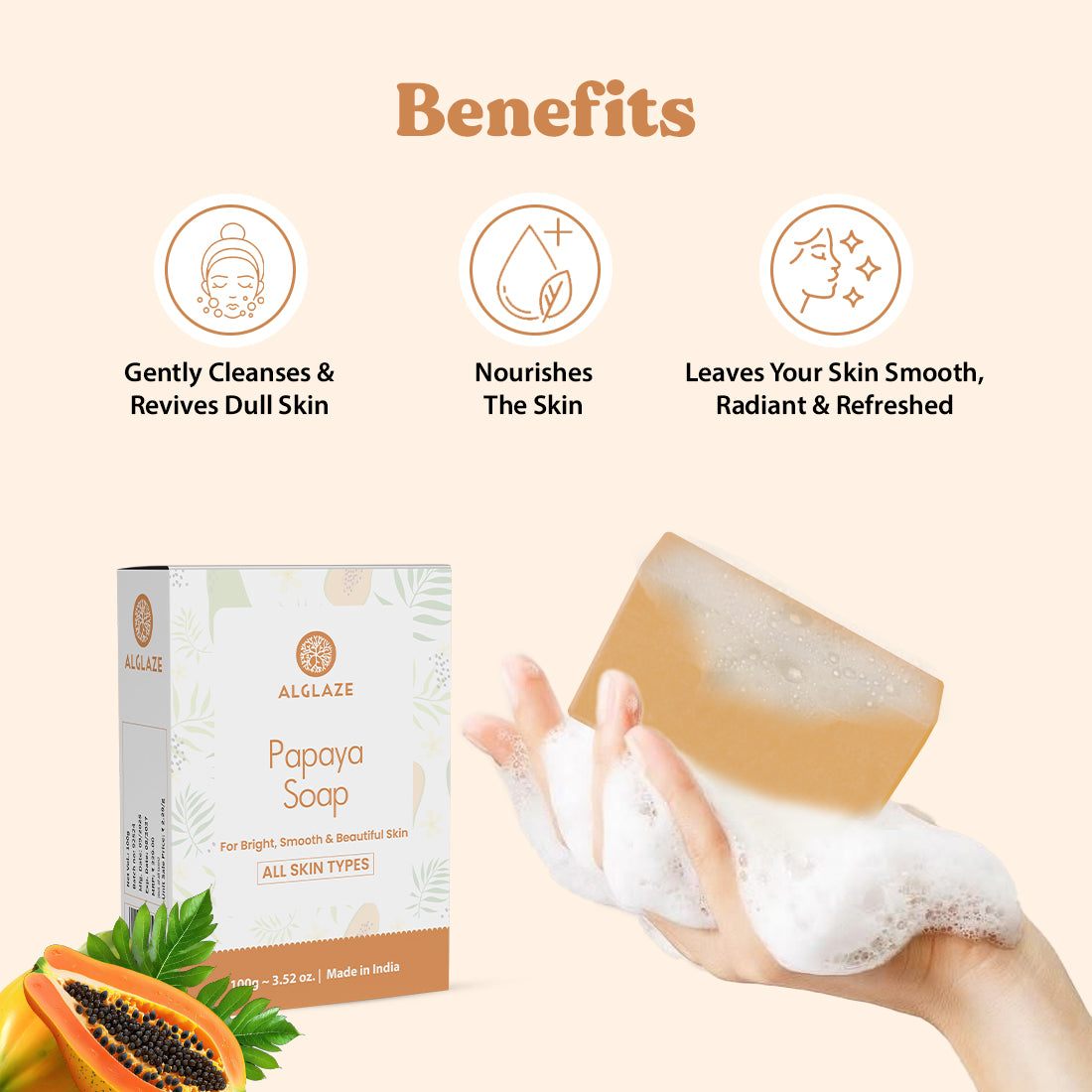 Allglaze Papaya Soap packaging with a soap bar and hand holding soap, benefits listed above.