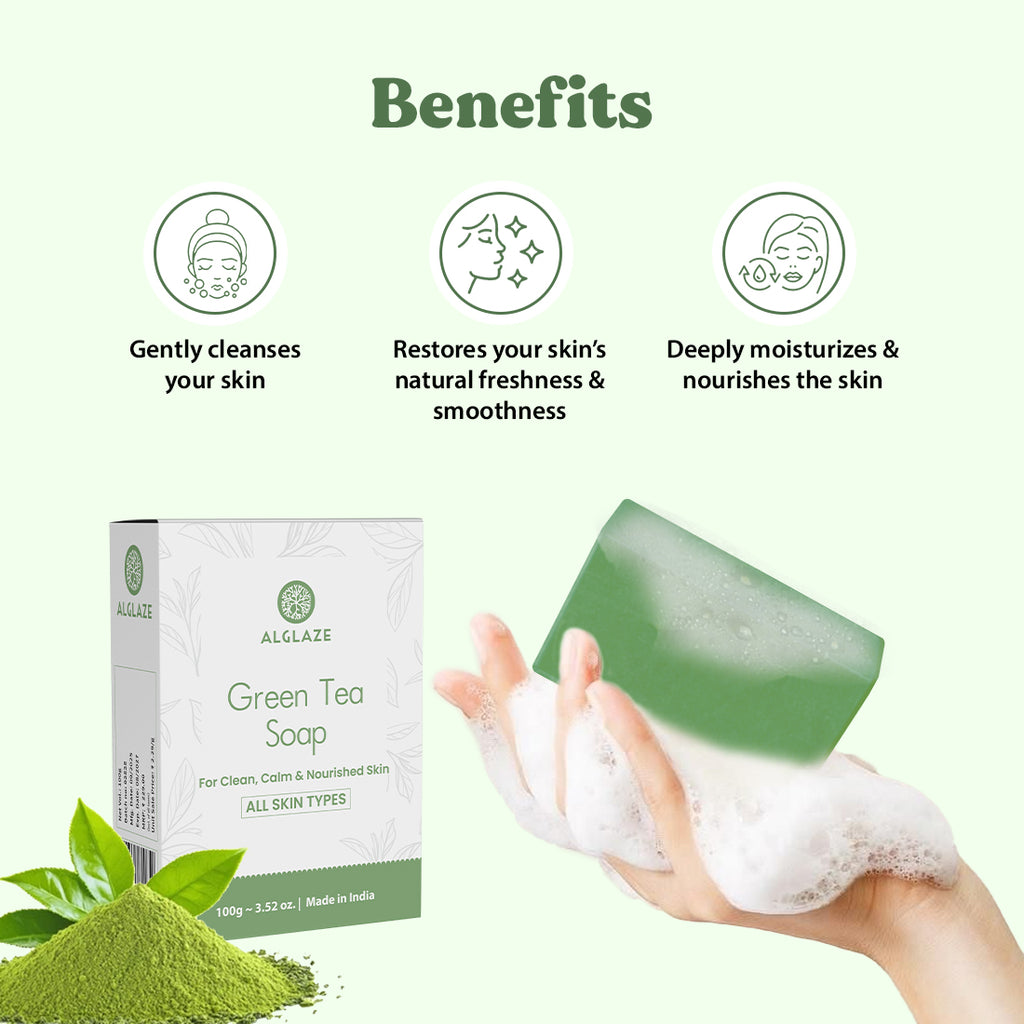 Green tea soap with packaging and benefits listed on a white background