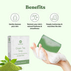 Green tea soap with packaging and benefits listed on a white background