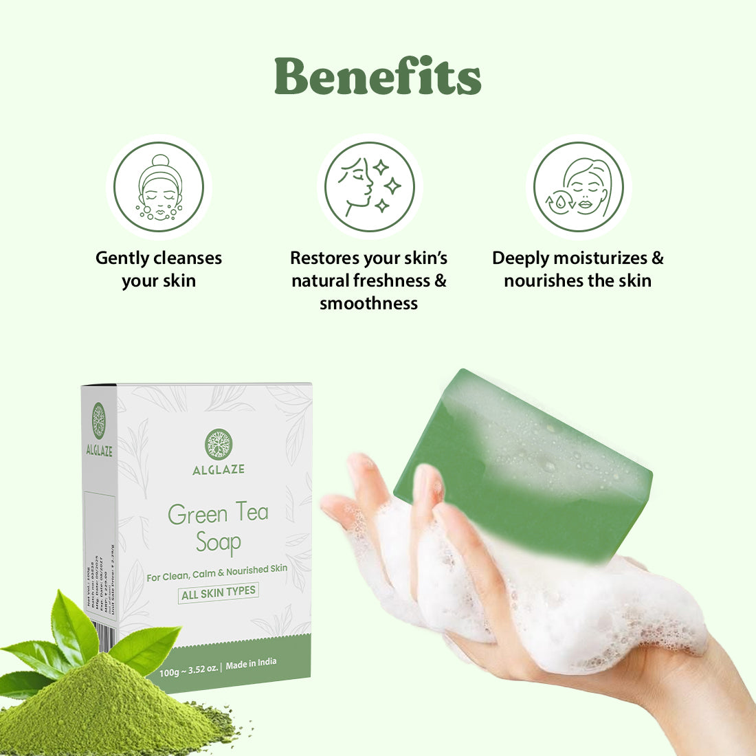 Green tea soap with packaging and benefits listed on a white background