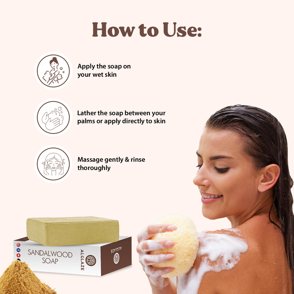 Woman applying soap with sandalwood soap and scrubber in the background