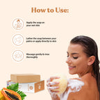 Woman applying soap with instructions on how to use it, featuring a bar of soap and a papaya.