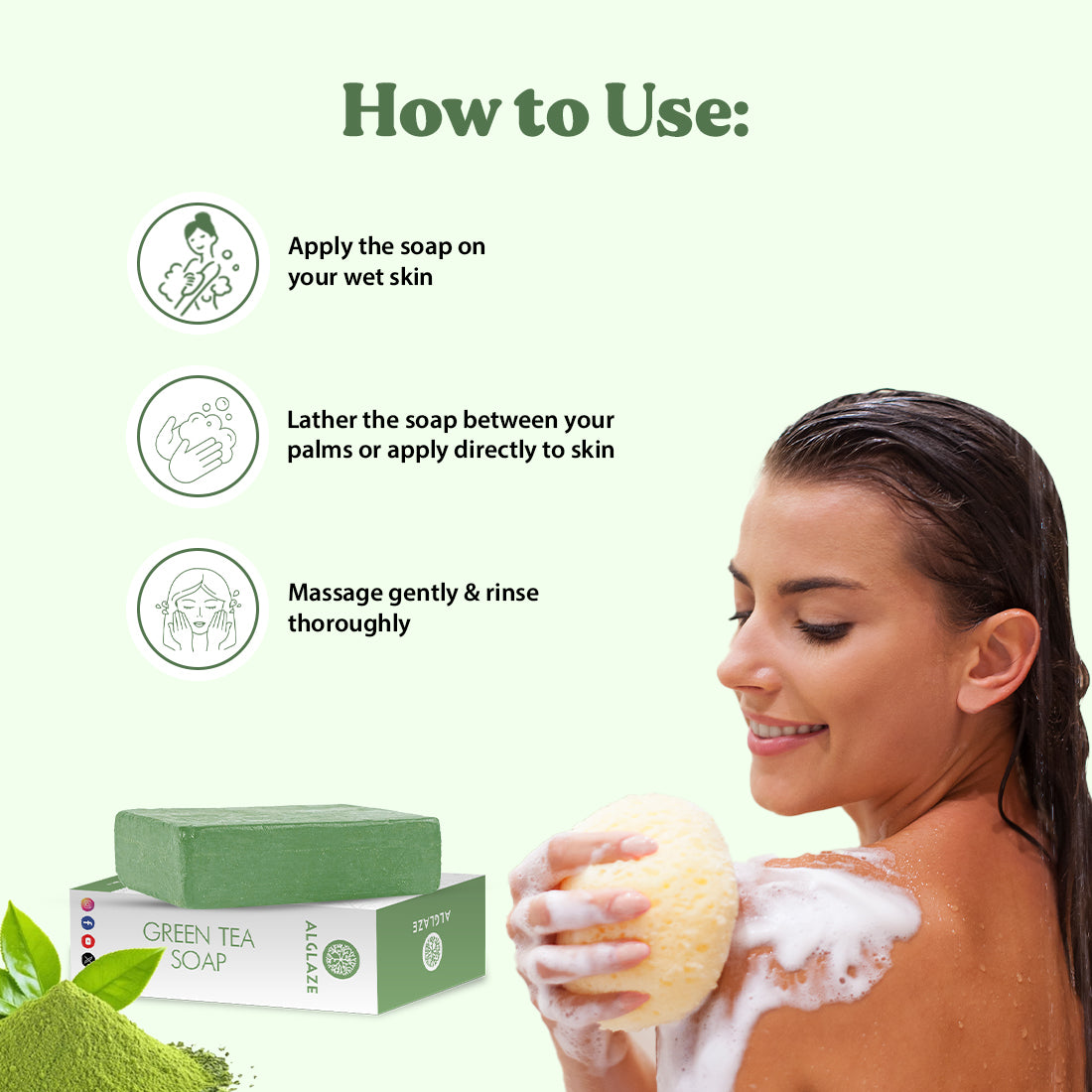 Woman using green tea soap with instructions on how to use it.