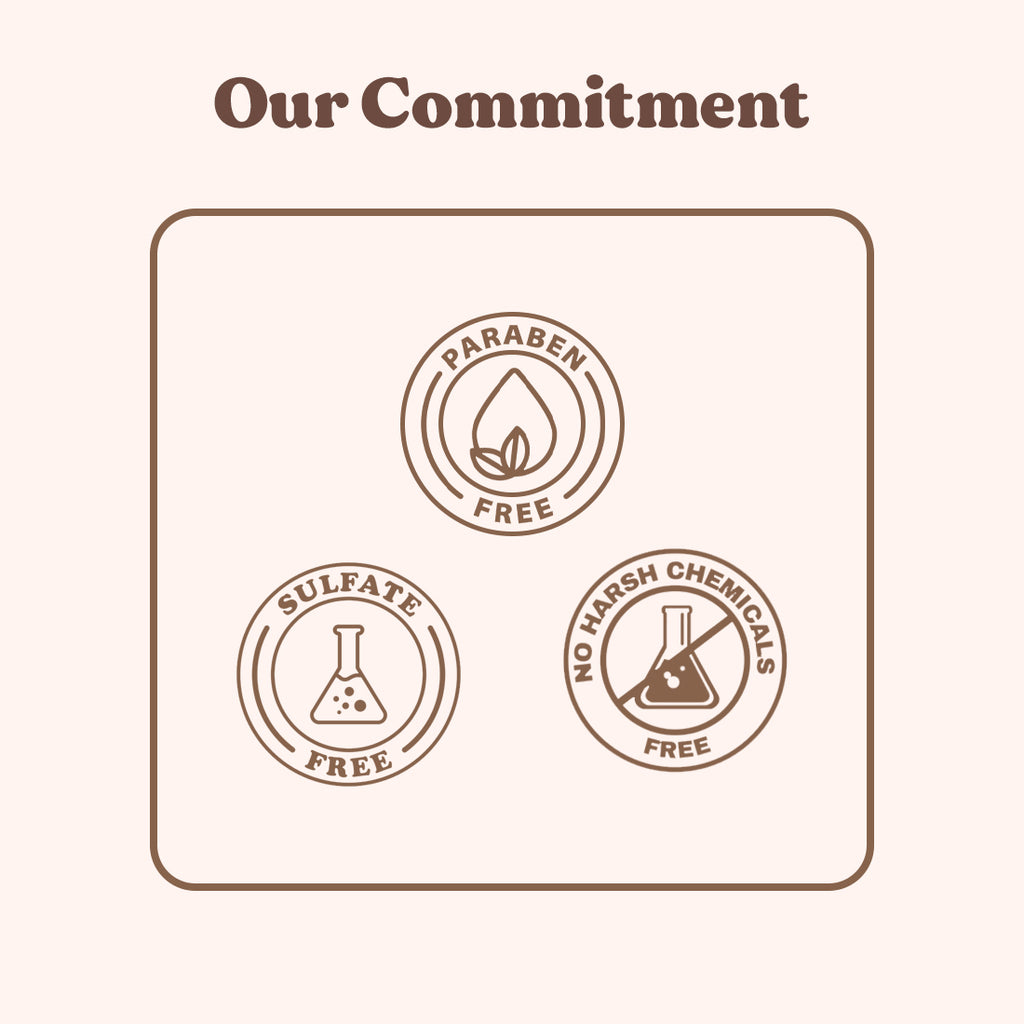 Commitment to paraben, sulfate, and harsh chemicals free products on a beige background.