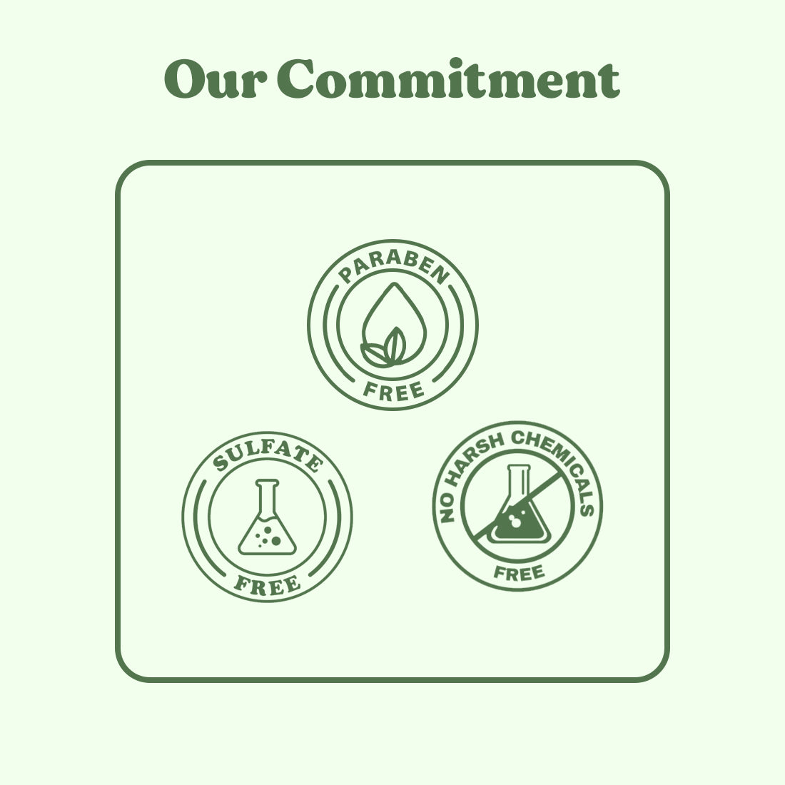 Green background with 'Our Commitment' text and four circular icons indicating product safety features.