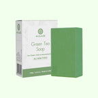 Green tea soap with packaging on a white background