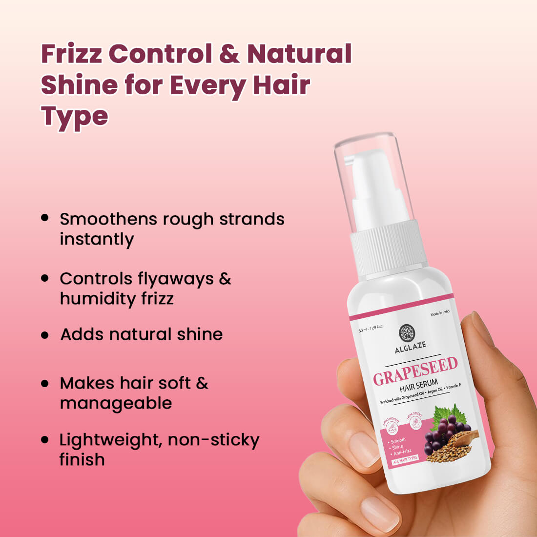 Grapeseed Hair serum | Smooth, Shine & Anti Frizz | Alglaze
